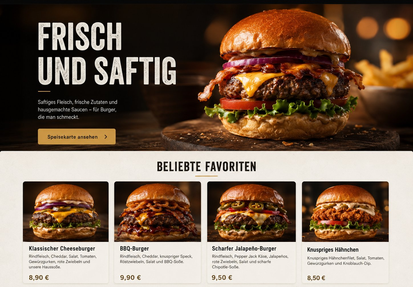 German burger restaurant website homepage featuring a large juicy burger with fries and menu items below