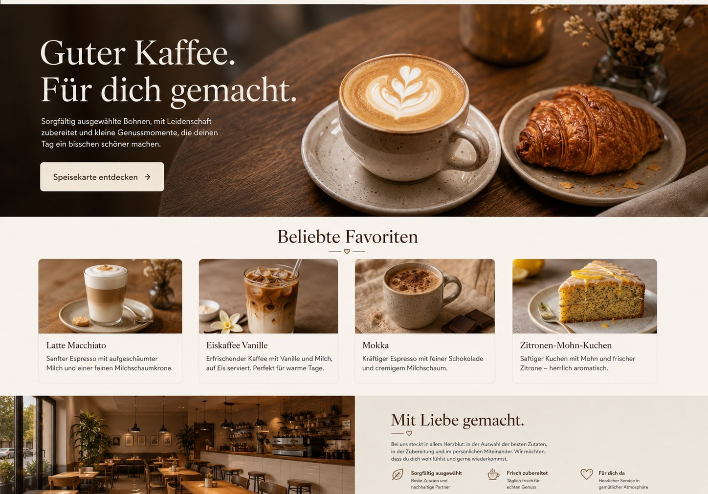 Coffee shop website homepage featuring latte with latte art, croissant, and tagline Guter Kaffee. Für dich gemacht.